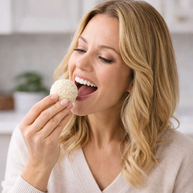 woman eating lemon cheesecake bliss ball